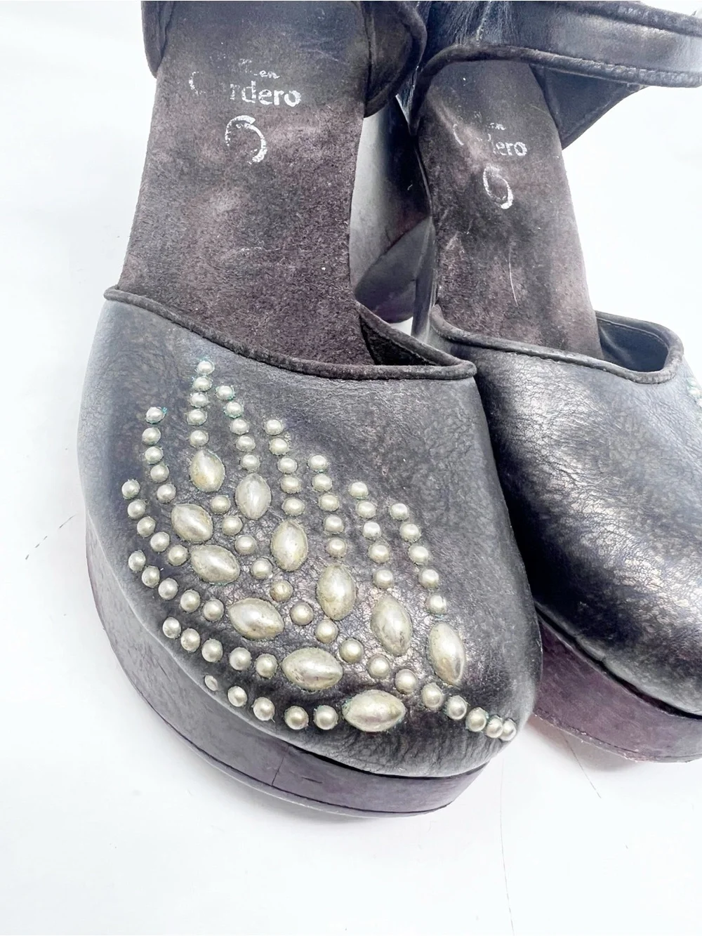 CALLEEN CORDERO BROWN LEATHER STUDDED ROIND TOE WOODEN PLATFORM CLOGS SHOES SZ 8